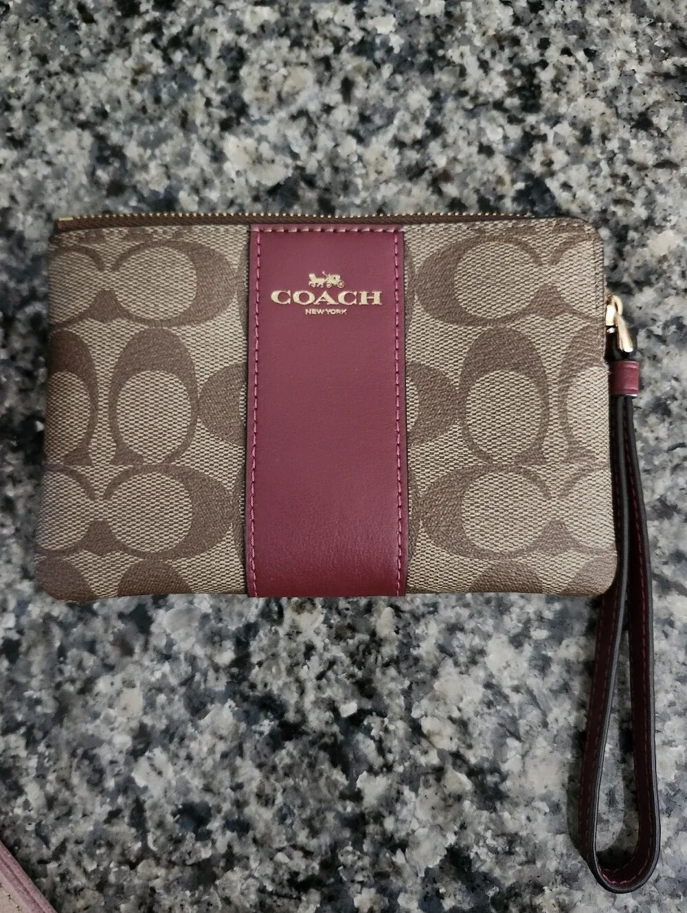 Coach Corner Zip Wristlet In Khaki Signature Coated Canvas With Red Accent
